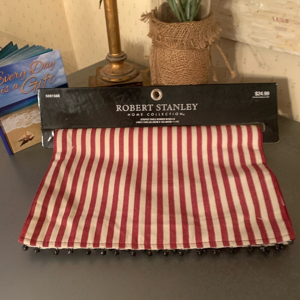 Robert Stanley, NEW WITH TAGS, RED and CREAM stripe table runner with bells.